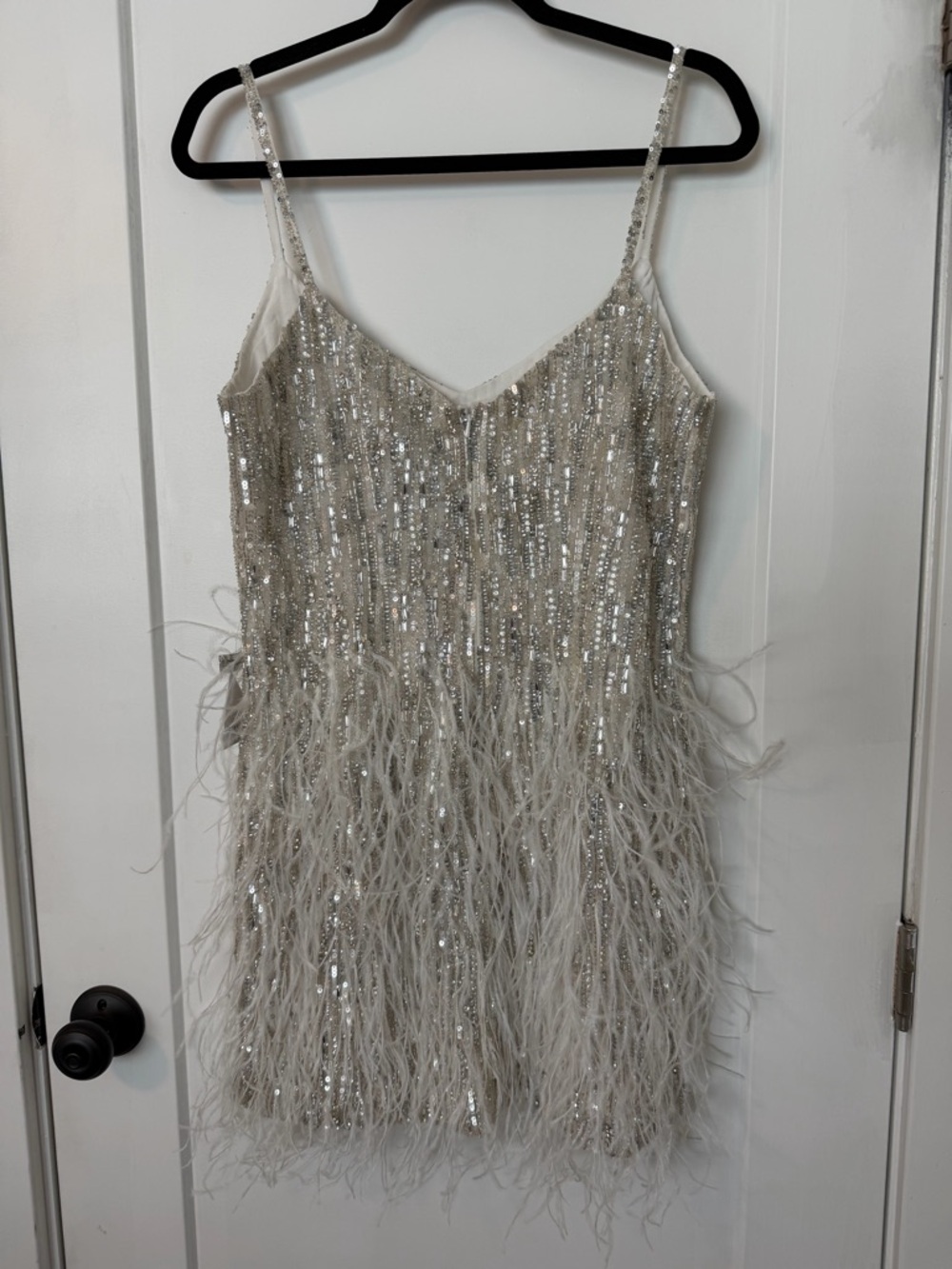 NWT NADINE MERABI Christy Silver Sequin & Feather Mini Dress - Picture 11 of 16